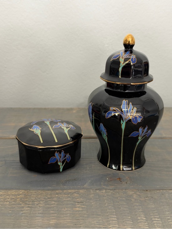 Otagiri Other - Vintage Otagiri Japan Blue Iris Ginger Jar & Trinket Box Set Black Floral